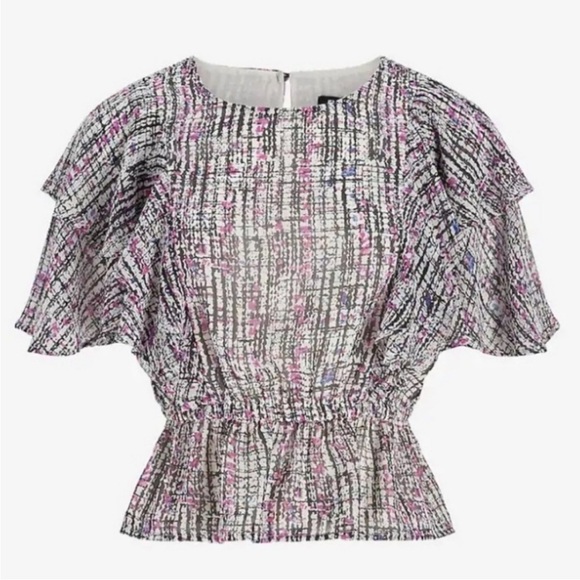 NWT-express-XS-purple/black abstract print-Ruffle sleeves, pet plum top/blouse - Picture 2 of 12